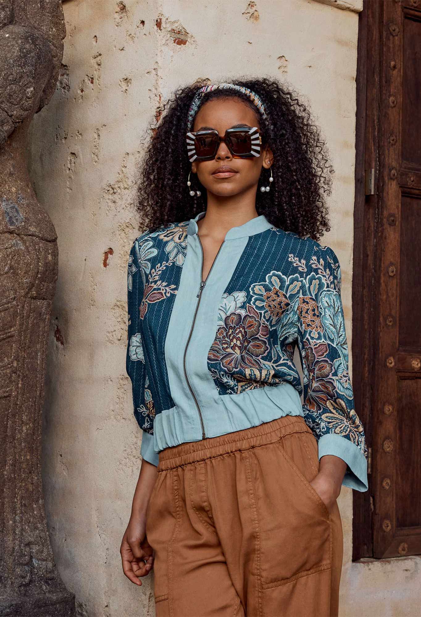 OnceWas Flores Linen Viscose Contrast Detail Bomber