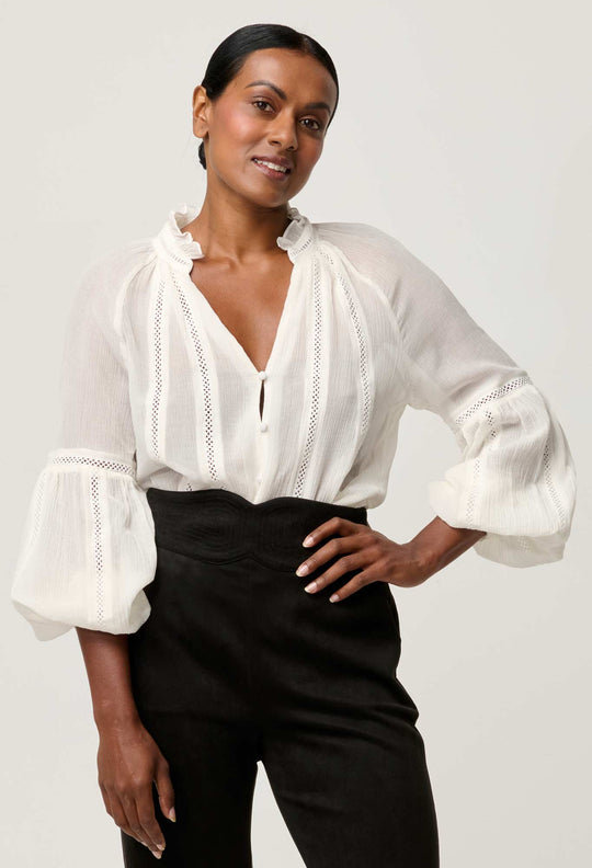 PETITE Kinlsey Crinkle Cotton Silk Lace Blouse in Milk