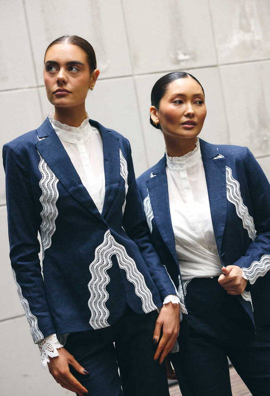 OnceWas Leandro Lace Viscose Stretch Blazer in Night Sky