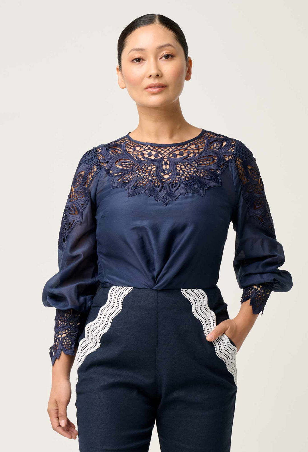 OnceWas PETITE Mirador Cotton Silk Blouse in Night Sky