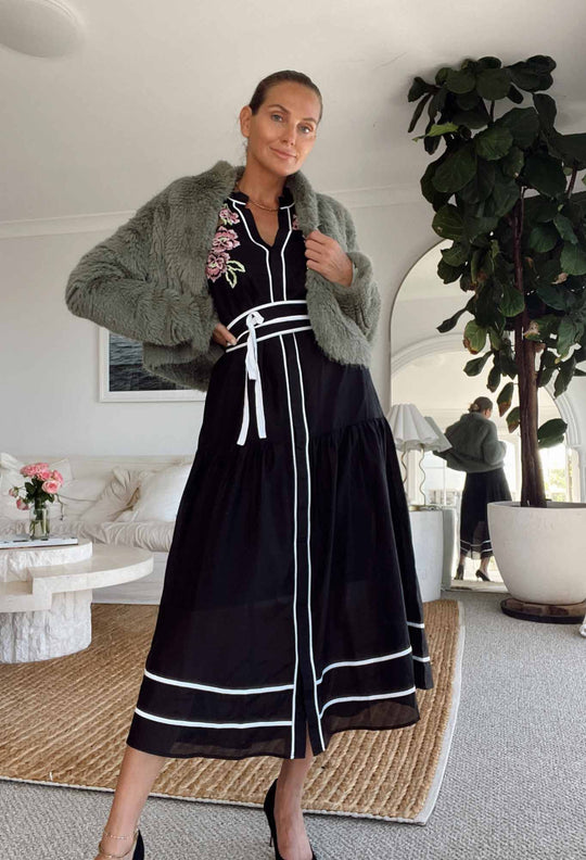 OnceWas PETITE Catalina Embroidered Cotton Silk Dress in Black Flores