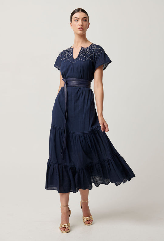 OnceWas St Lucia Cotton Self Stripe Smocked Dress in Ink