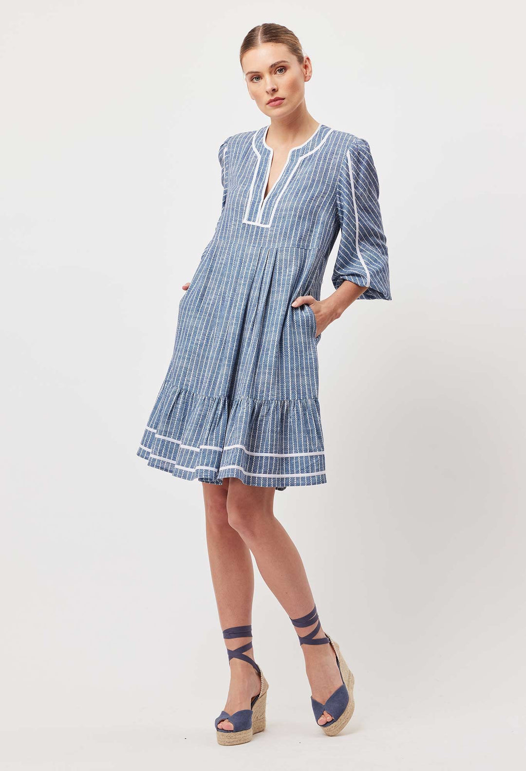 OnceWas Antigua Linen Viscose 3/4 Sleeve Babydoll Dress