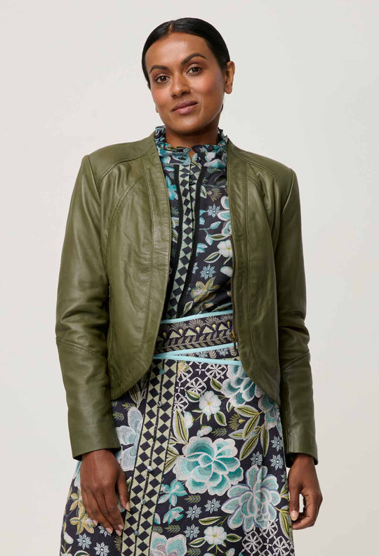 UNDER 5'4 Nova Leather Curved Hem Jacket in Moss