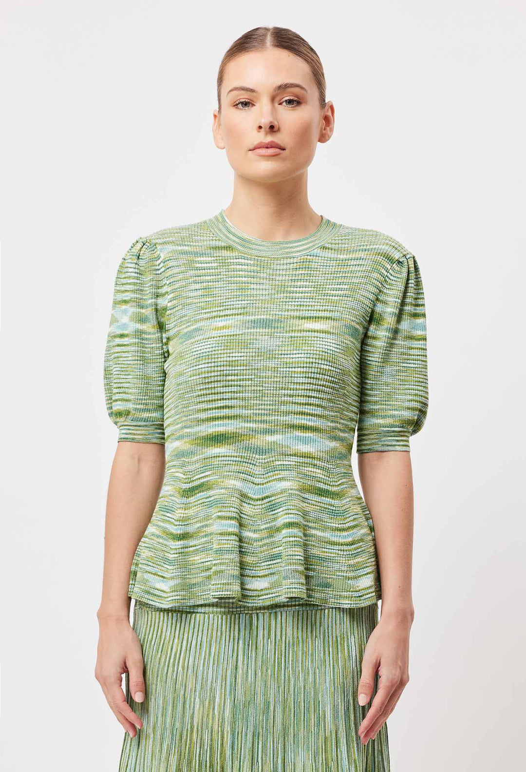 OnceWas Transit Rayon Knit Peplum Top in Jade Space Dye