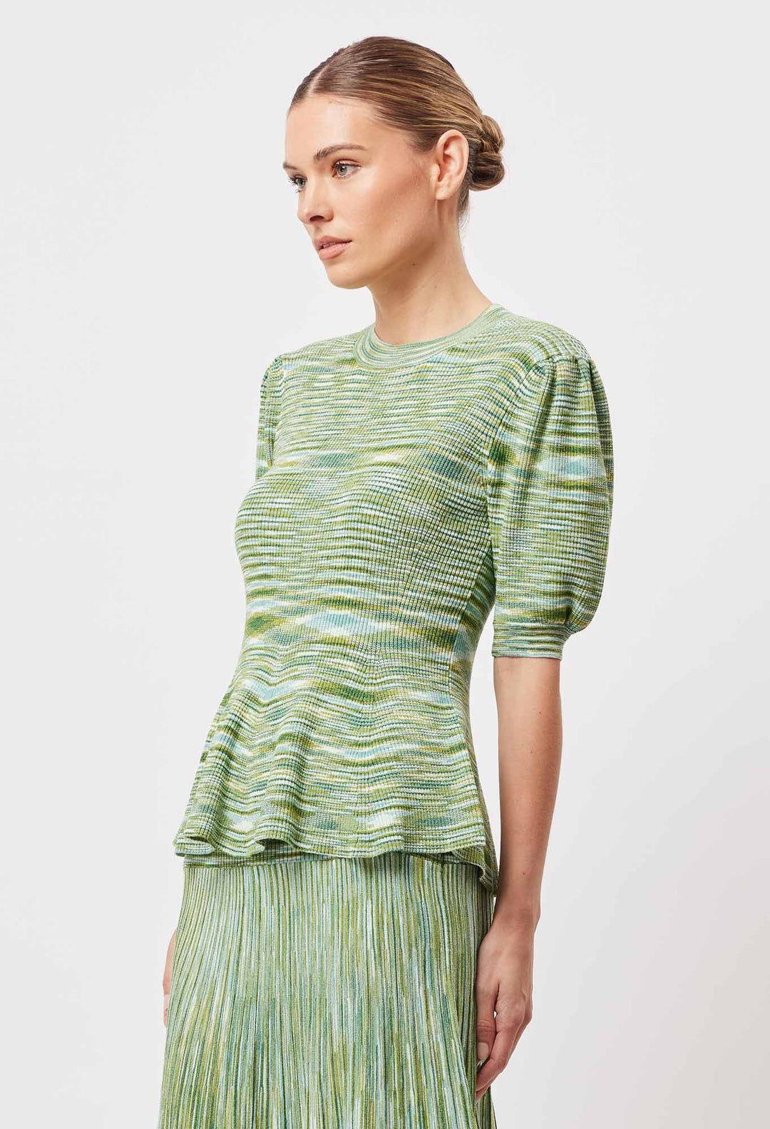 OnceWas Transit Rayon Knit Peplum Top in Jade Space Dye