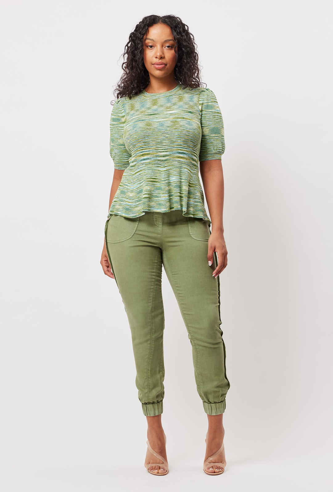 OnceWas Transit Rayon Knit Peplum Top in Jade Space Dye