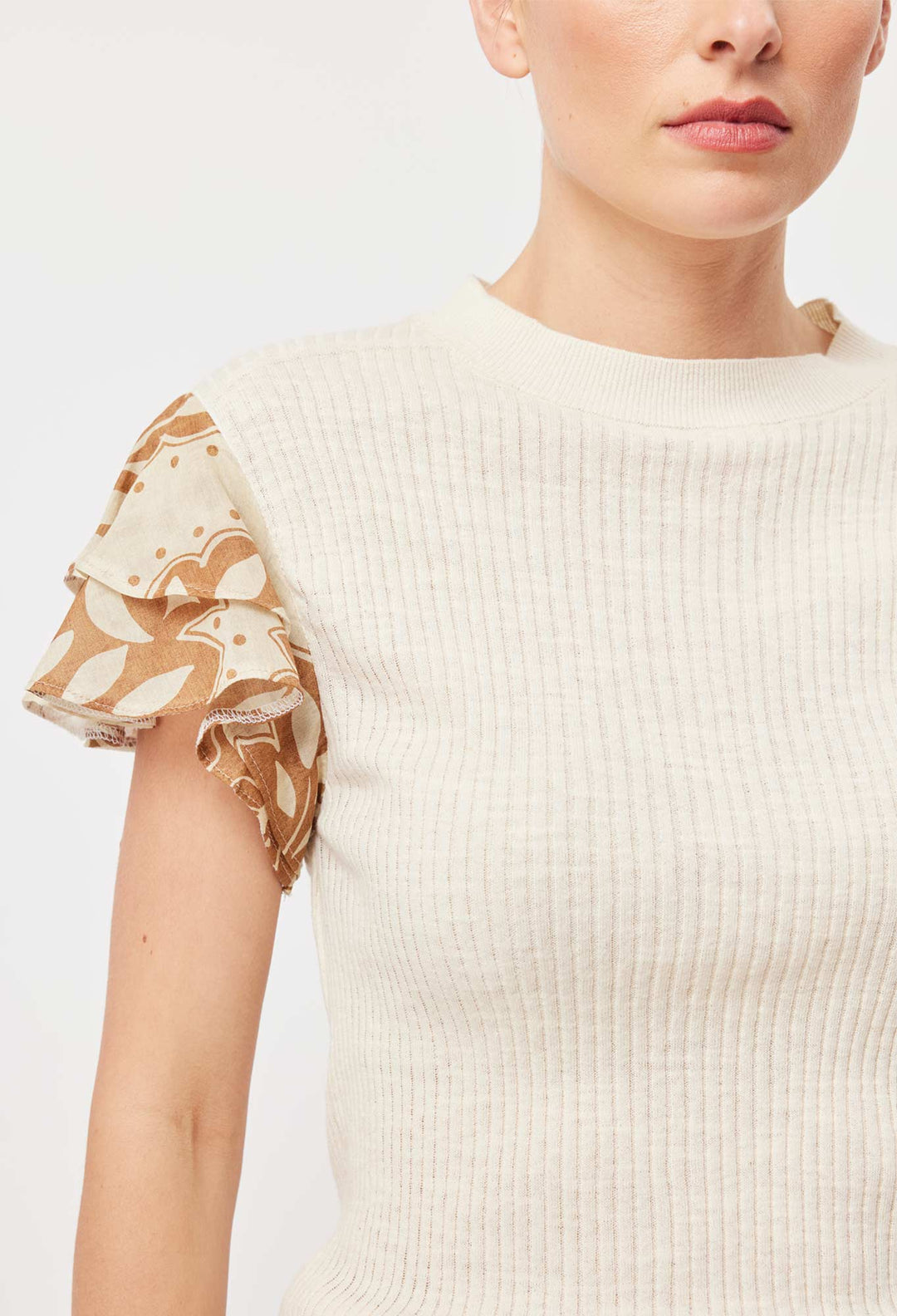 Rio Cotton Linen Ruffle Sleeve Knit Top in Bone