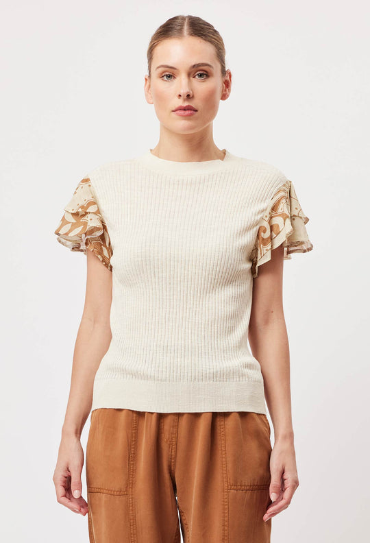 Rio Cotton Linen Ruffle Sleeve Knit Top in Bone