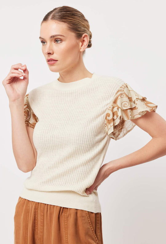 Rio Cotton Linen Ruffle Sleeve Knit Top in Bone