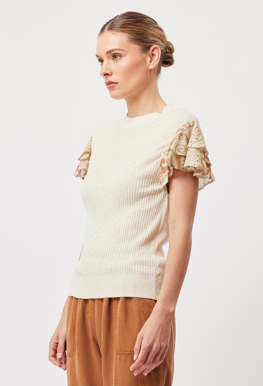 Rio Cotton Linen Ruffle Sleeve Knit Top in Bone