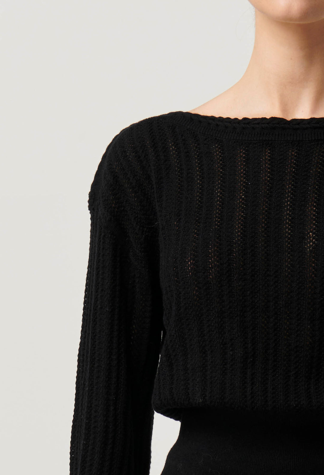 OnceWas Marley Merino Cotton Braided Pointelle Knit Top in Black