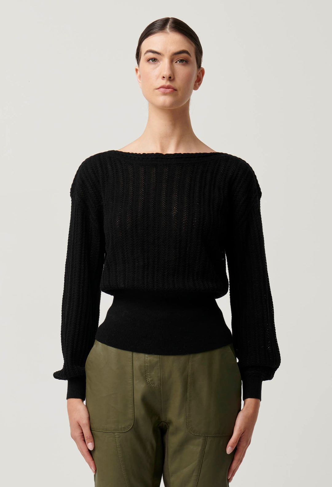 OnceWas Marley Merino Cotton Braided Pointelle Knit Top in Black