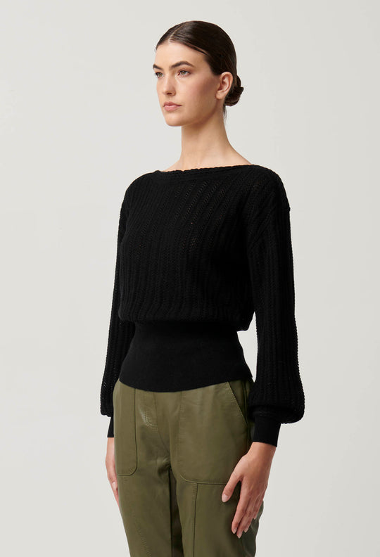 OnceWas Marley Merino Cotton Braided Pointelle Knit Top in Black