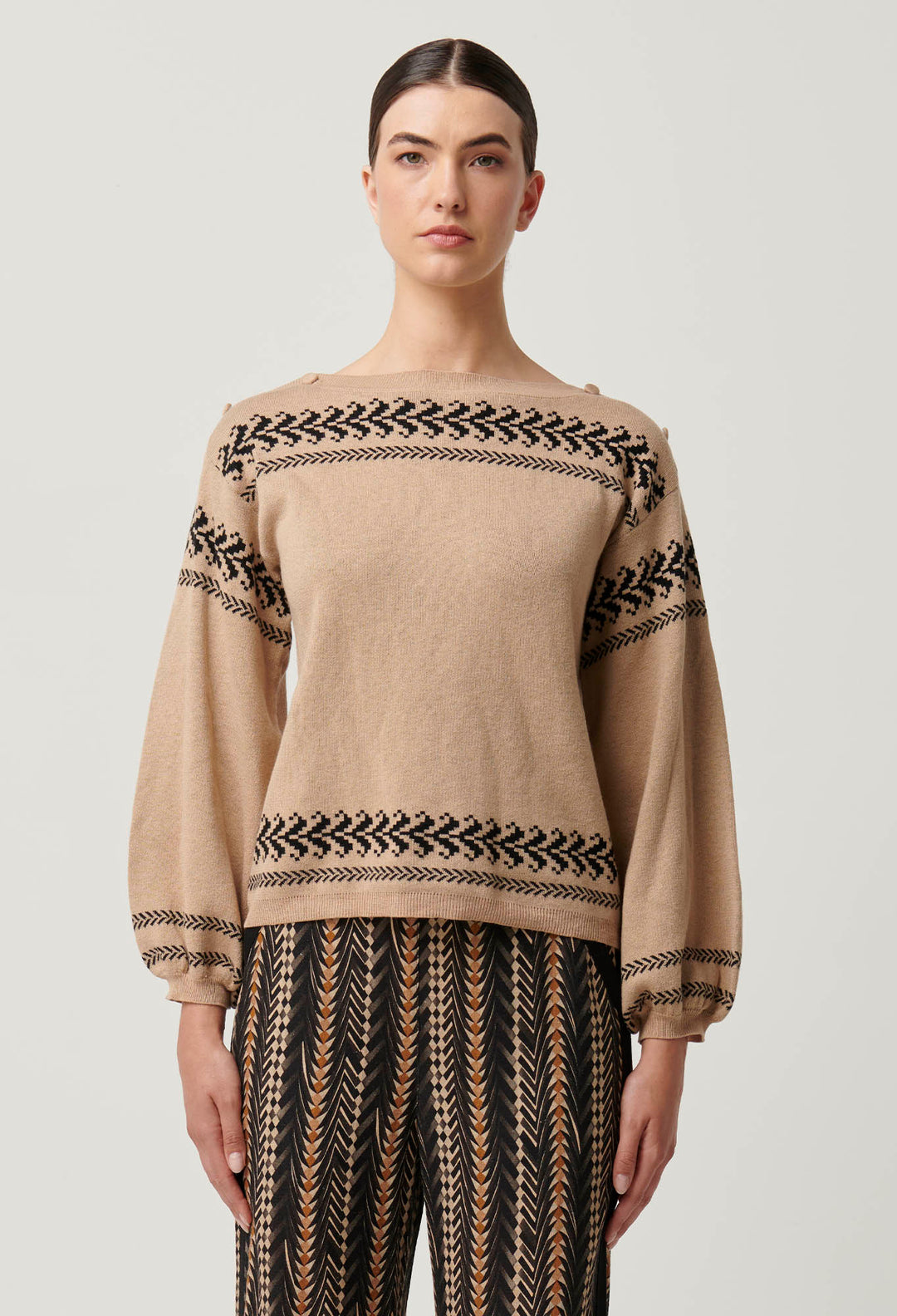 OnceWas Odessa Merino Wool Cotton Blend Jacquard Knit Top in Wheat