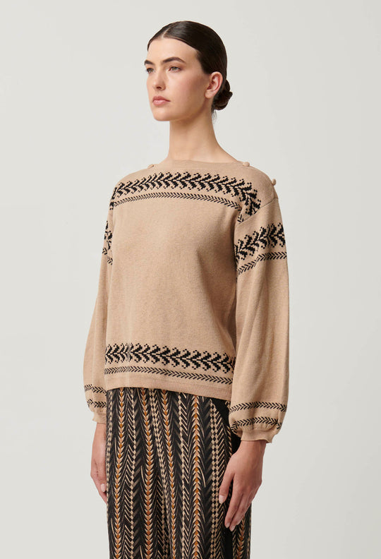 OnceWas Odessa Merino Wool Cotton Blend Jacquard Knit Top in Wheat