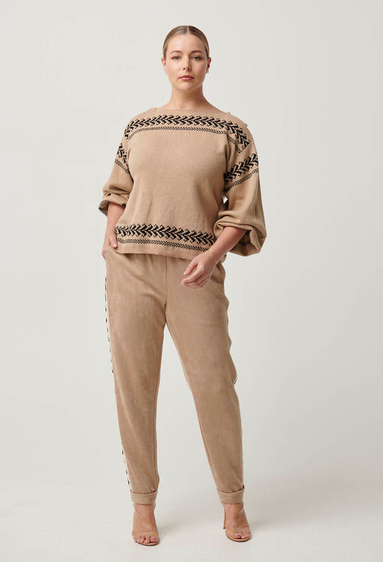 OnceWas Odessa Merino Wool Cotton Blend Jacquard Knit Top in Wheat