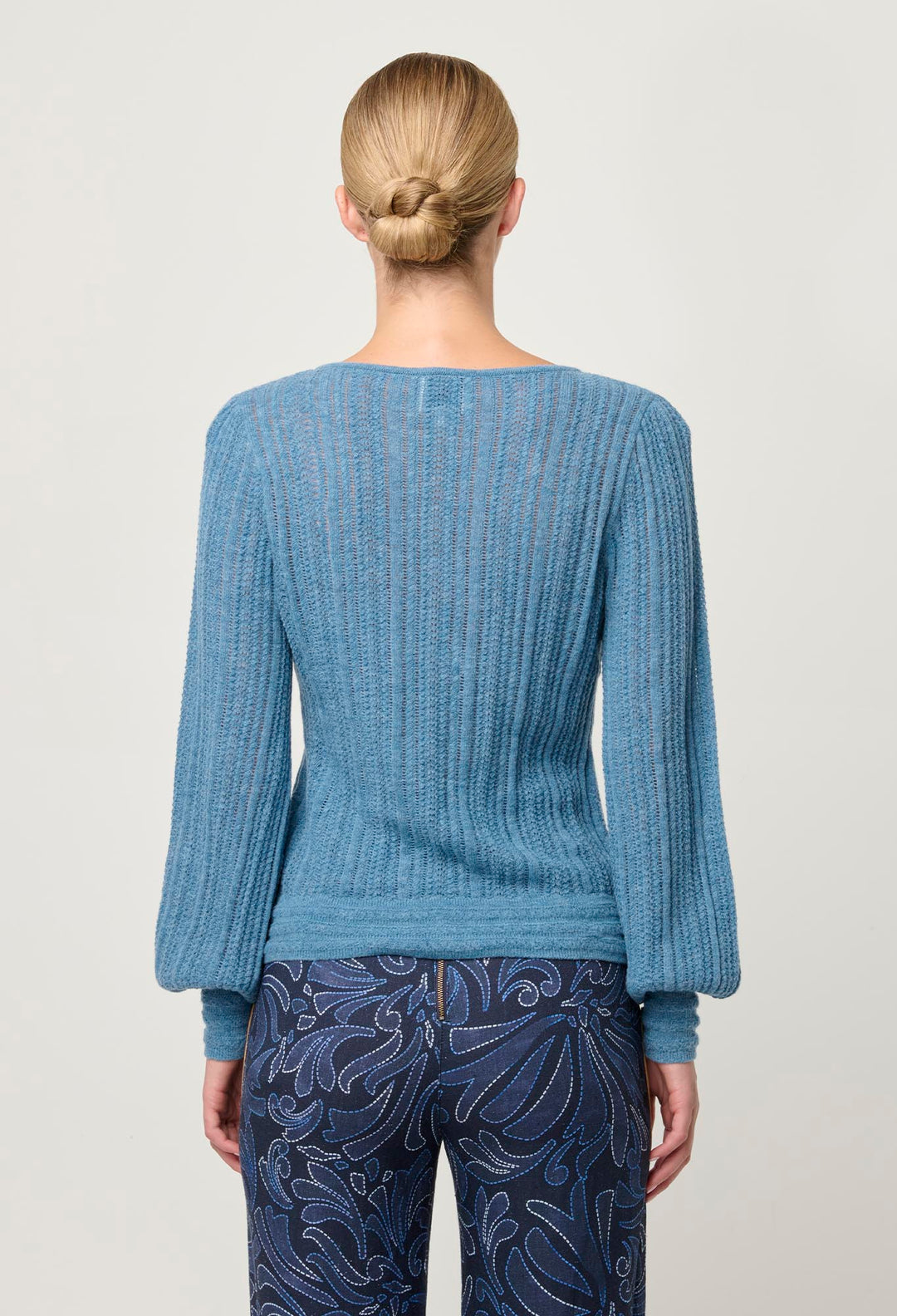 OnceWas Solana Baby Alpaca Wool Blend Pointelle Knit Top in Ashen Blue