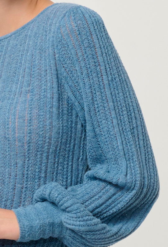 OnceWas Solana Baby Alpaca Wool Blend Pointelle Knit Top in Ashen Blue