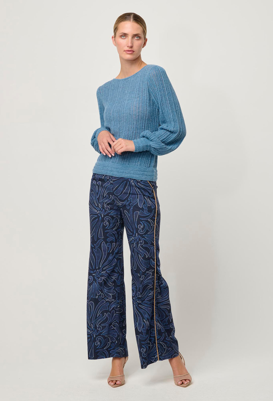 OnceWas Solana Baby Alpaca Wool Blend Pointelle Knit Top in Ashen Blue