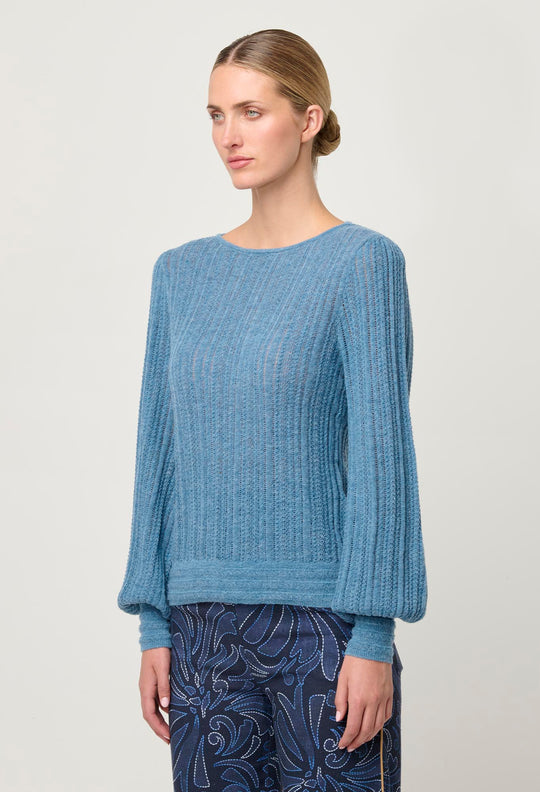 OnceWas Solana Baby Alpaca Wool Blend Pointelle Knit Top in Ashen Blue