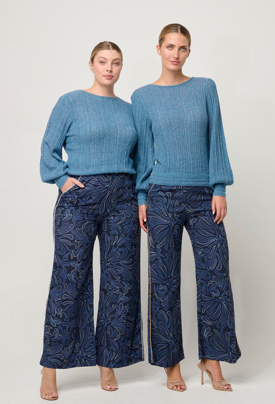 OnceWas Solana Baby Alpaca Wool Blend Pointelle Knit Top in Ashen Blue
