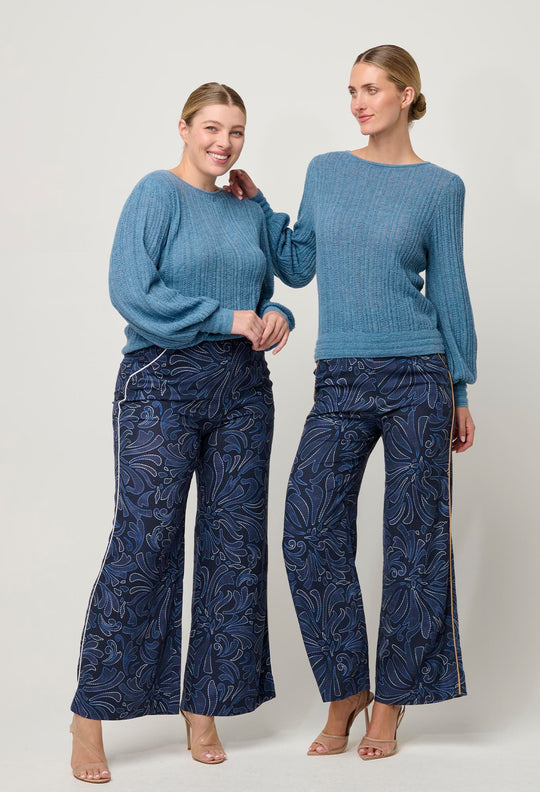 OnceWas Solana Baby Alpaca Wool Blend Pointelle Knit Top in Ashen Blue