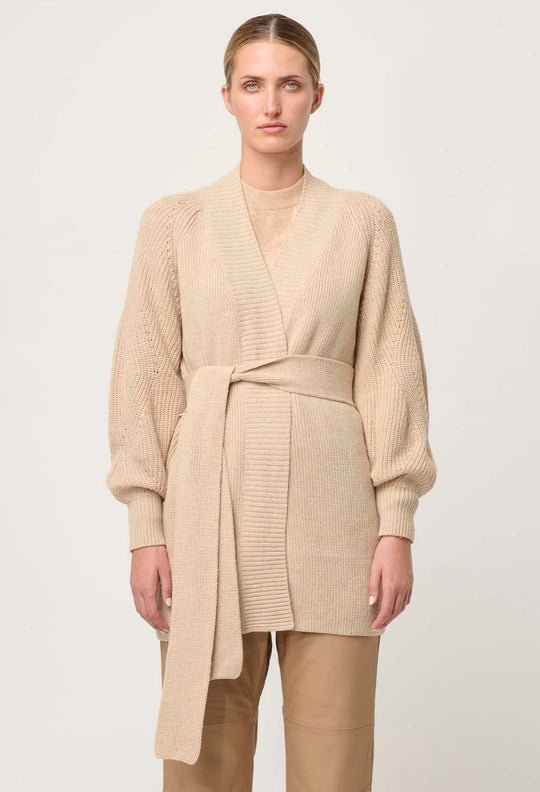 OnceWas Isolda Merino Wool Belted Wrap Knit Cardigan in Bourbon