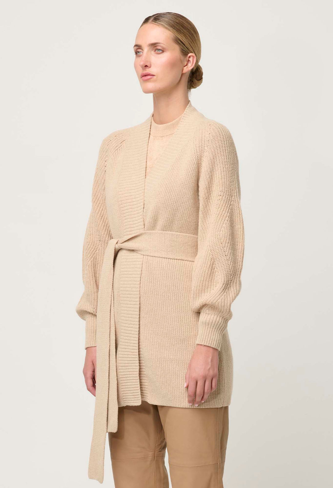 OnceWas Isolda Merino Wool Belted Wrap Knit Cardigan in Bourbon