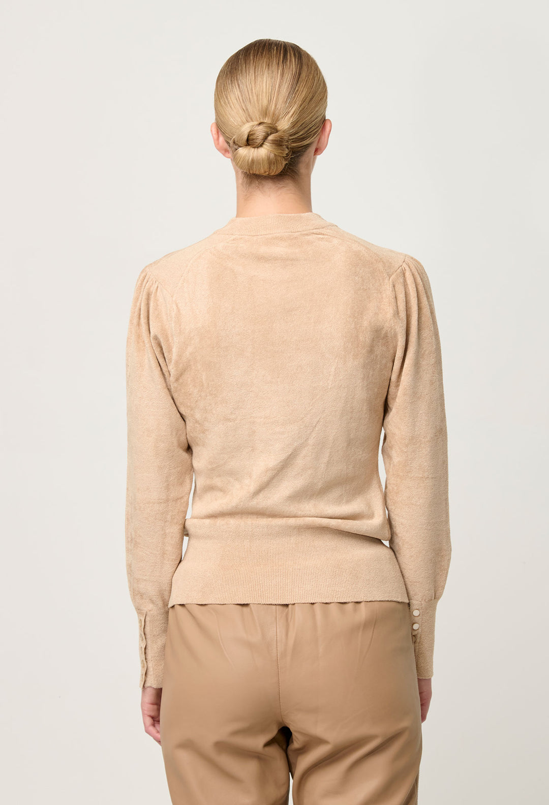 OnceWas Celia Viscose Button Cuff Knit Top in Bourbon