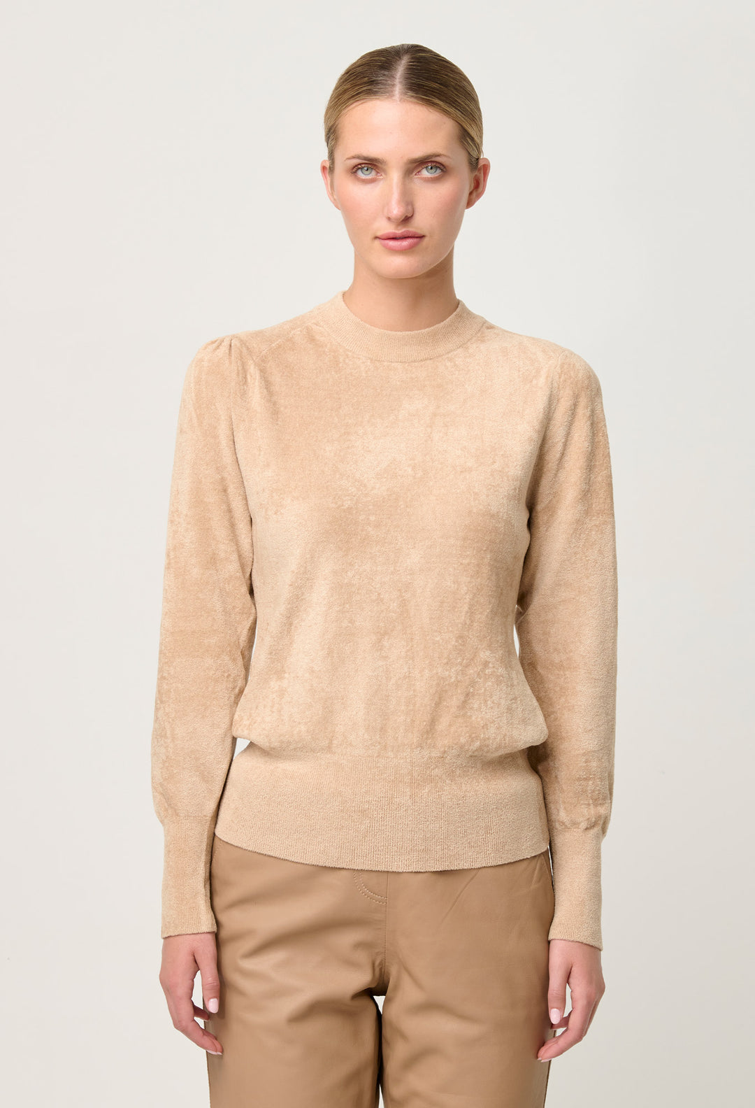 OnceWas Celia Viscose Button Cuff Knit Top in Bourbon