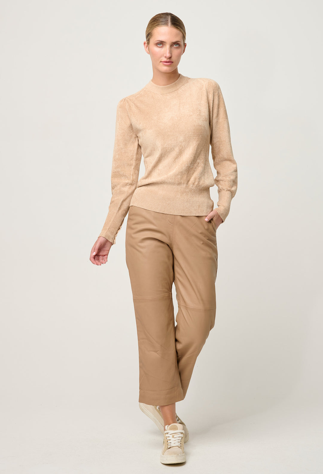 OnceWas Celia Viscose Button Cuff Knit Top in Bourbon