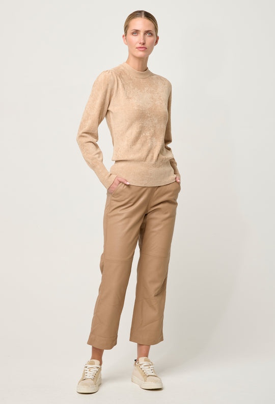 OnceWas Celia Viscose Button Cuff Knit Top in Bourbon