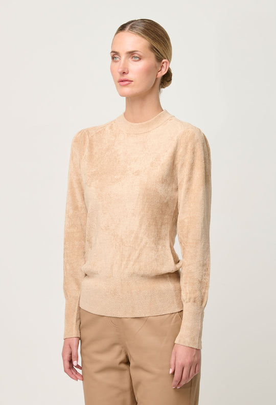 OnceWas Celia Viscose Button Cuff Knit Top in Bourbon