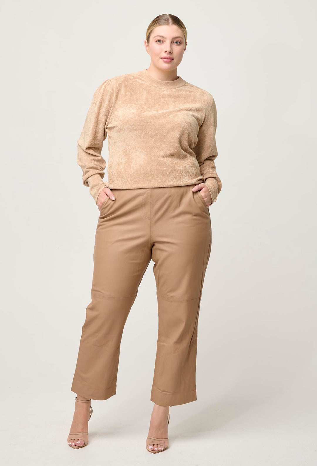 OnceWas Celia Viscose Button Cuff Knit Top in Bourbon