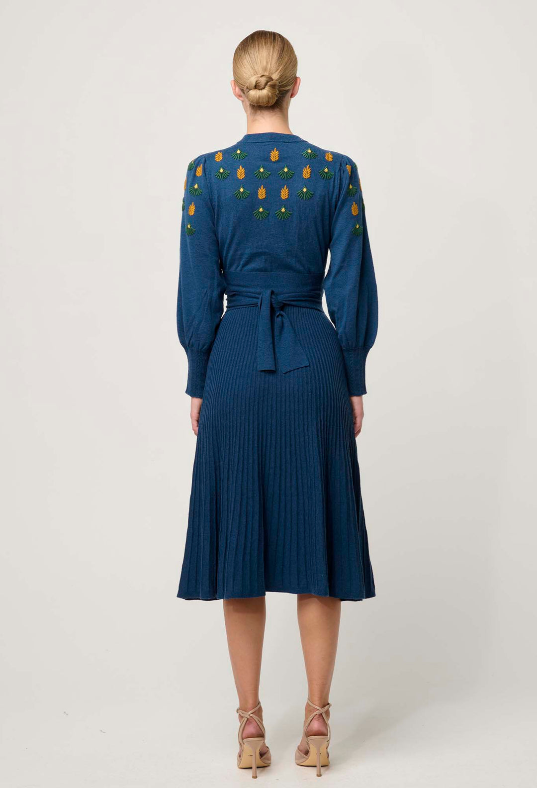 OnceWas Amor Embroidered Merino Wool Belted Knit Dress in Midnight Blue
