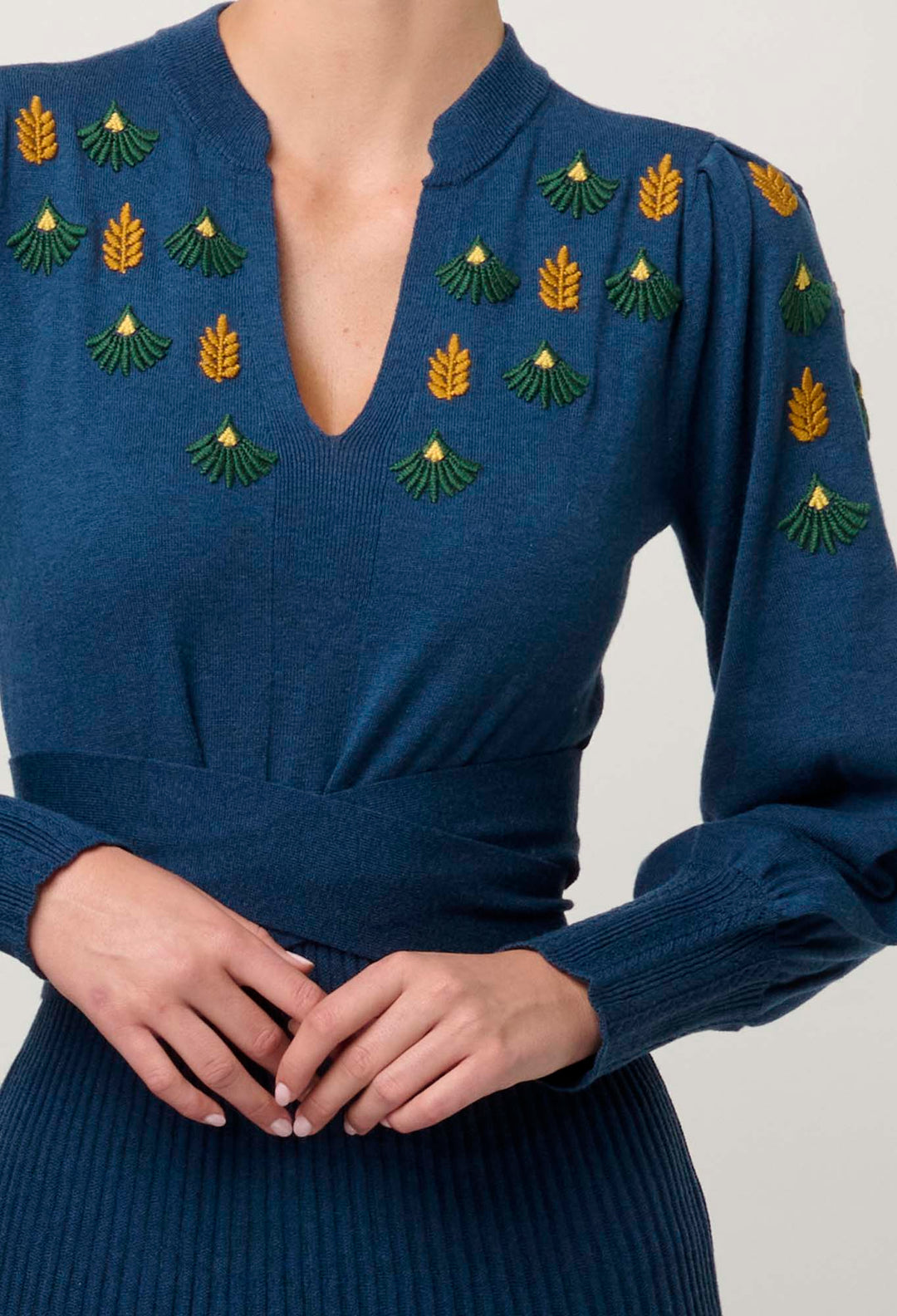 OnceWas Amor Embroidered Merino Wool Belted Knit Dress in Midnight Blue