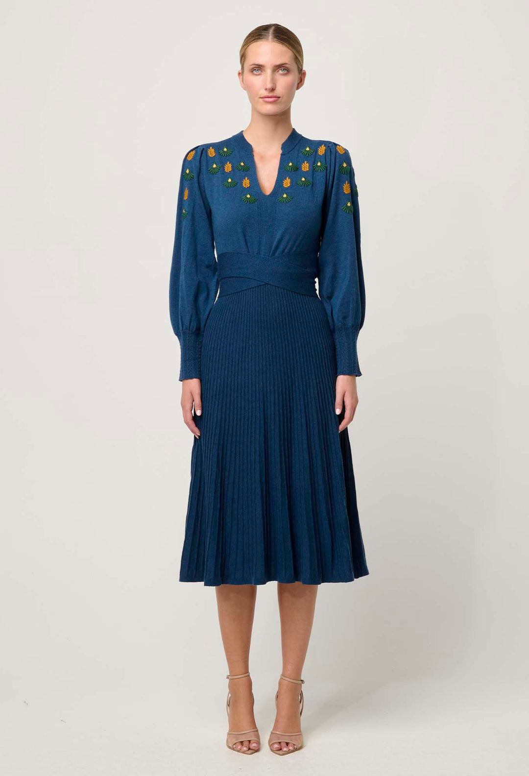 OnceWas Amor Embroidered Merino Wool Belted Knit Dress in Midnight Blue