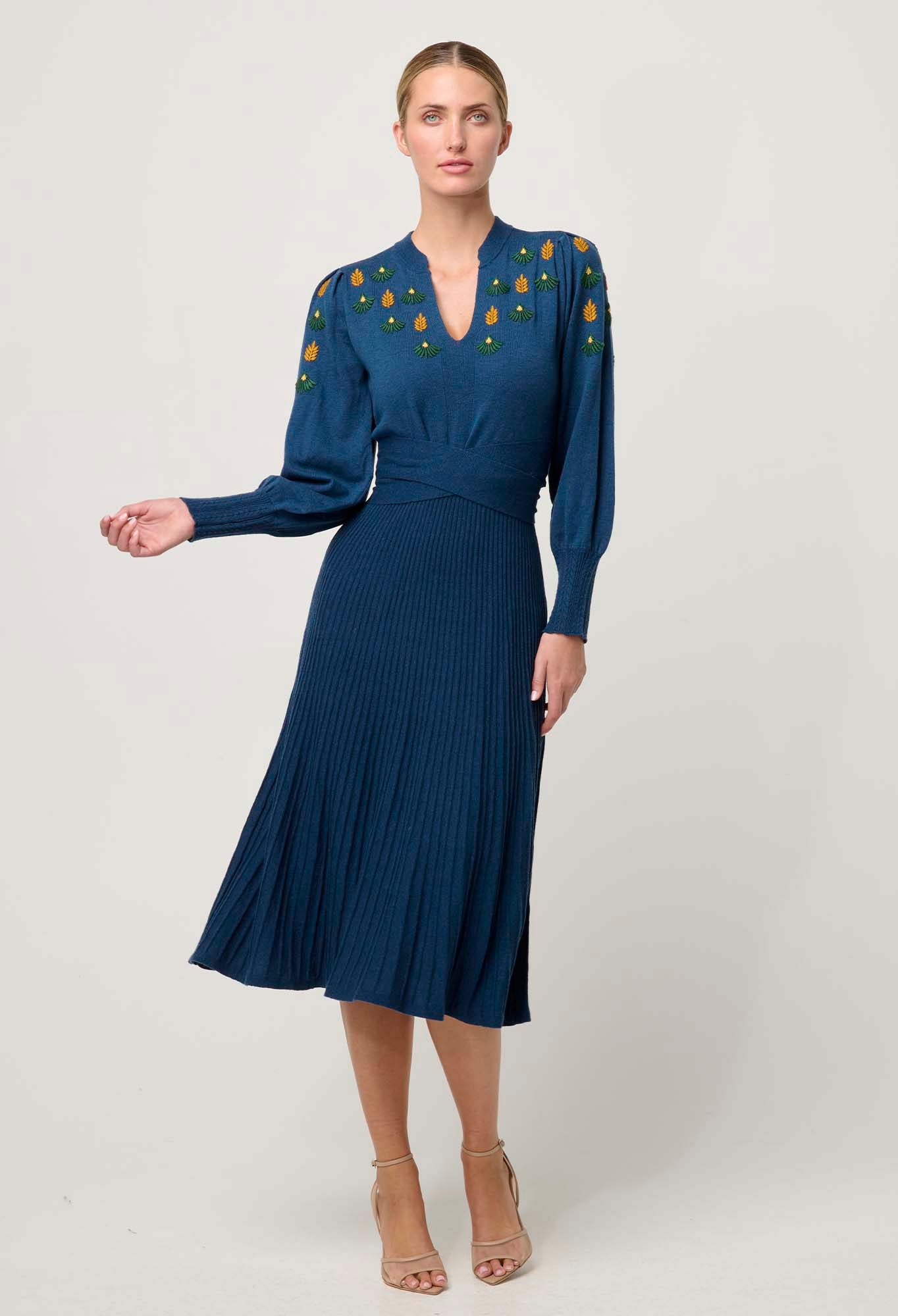 OnceWas Amor Embroidered Merino Wool Belted Knit Dress in Midnight Blue