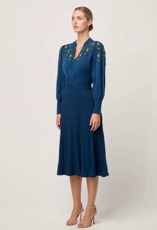 OnceWas Amor Embroidered Merino Wool Belted Knit Dress in Midnight Blue