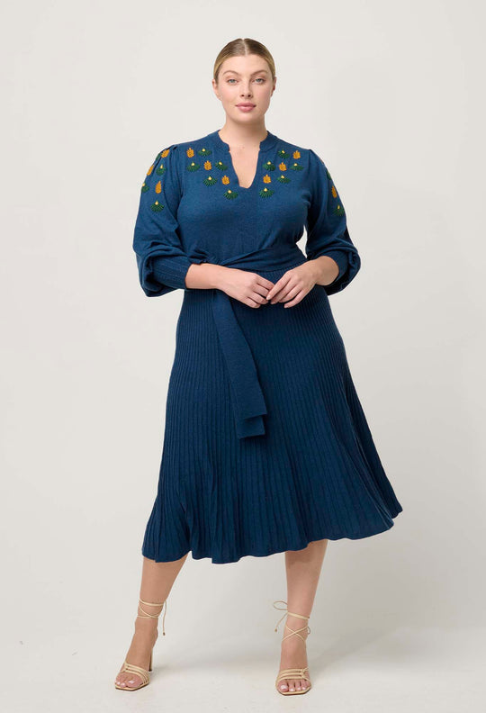 OnceWas Amor Embroidered Merino Wool Belted Knit Dress in Midnight Blue