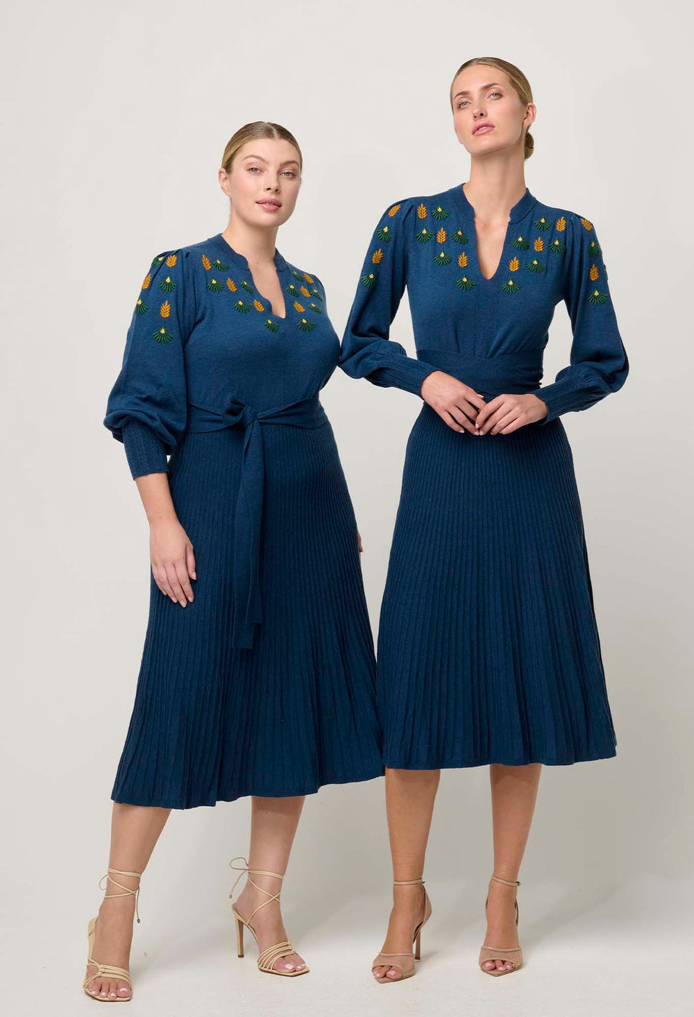 OnceWas Amor Embroidered Merino Wool Belted Knit Dress in Midnight Blue