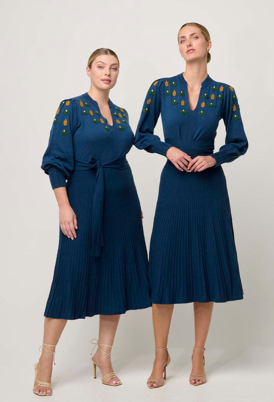 OnceWas Amor Embroidered Merino Wool Belted Knit Dress in Midnight Blue