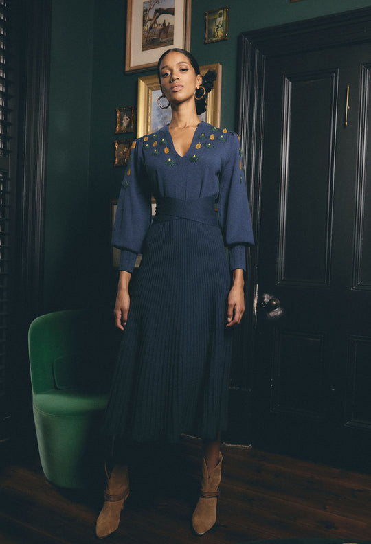 OnceWas Amor Embroidered Merino Wool Belted Knit Dress in Midnight Blue