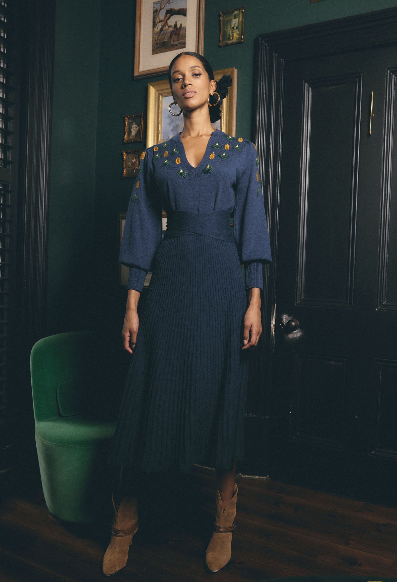 OnceWas Amor Embroidered Merino Wool Belted Knit Dress in Midnight Blue