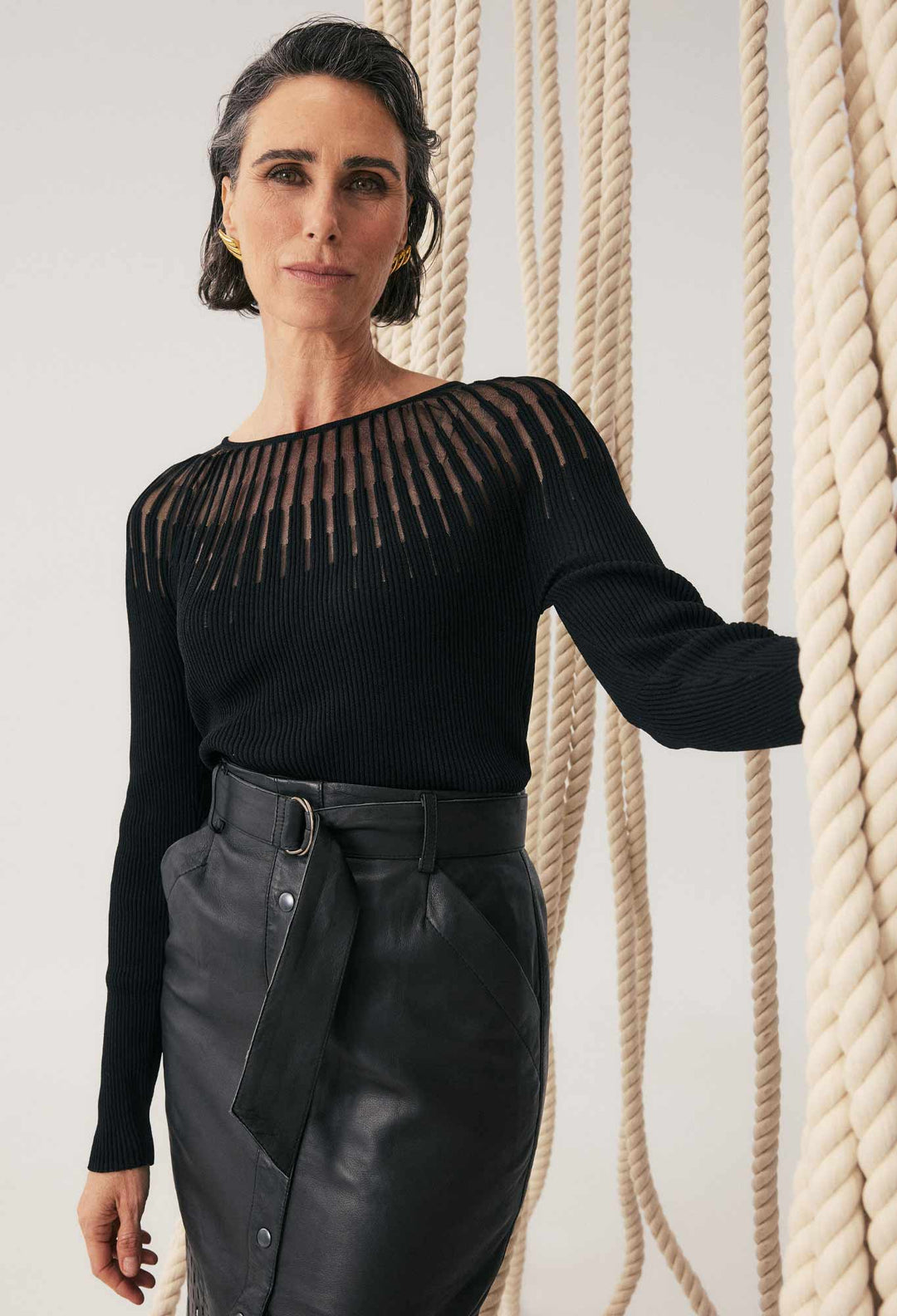 OnceWas Rhiannon Viscose Nylon Sheer Knit Top in Black