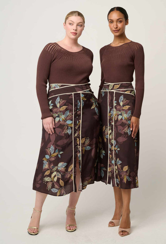OnceWas Rhiannon Viscose Nylon Sheer Neckline Knit Top in Mocha