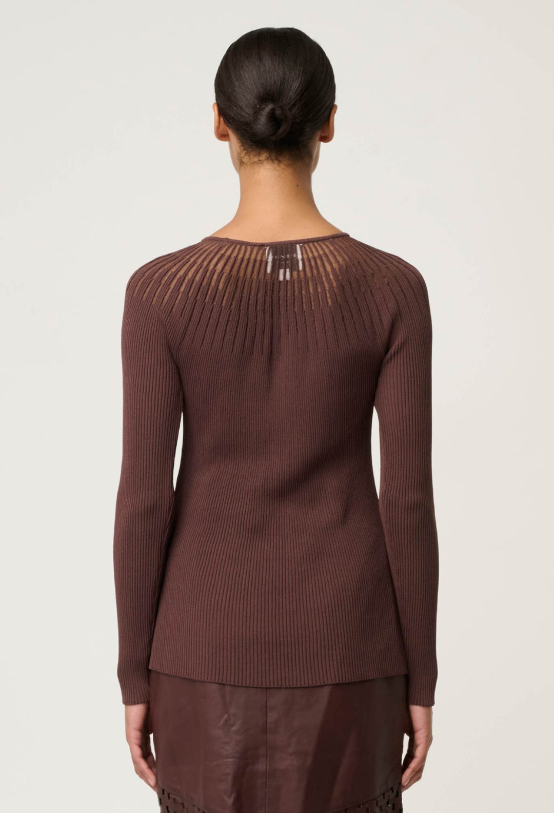 OnceWas Rhiannon Viscose Nylon Sheer Neckline Knit Top in Mocha