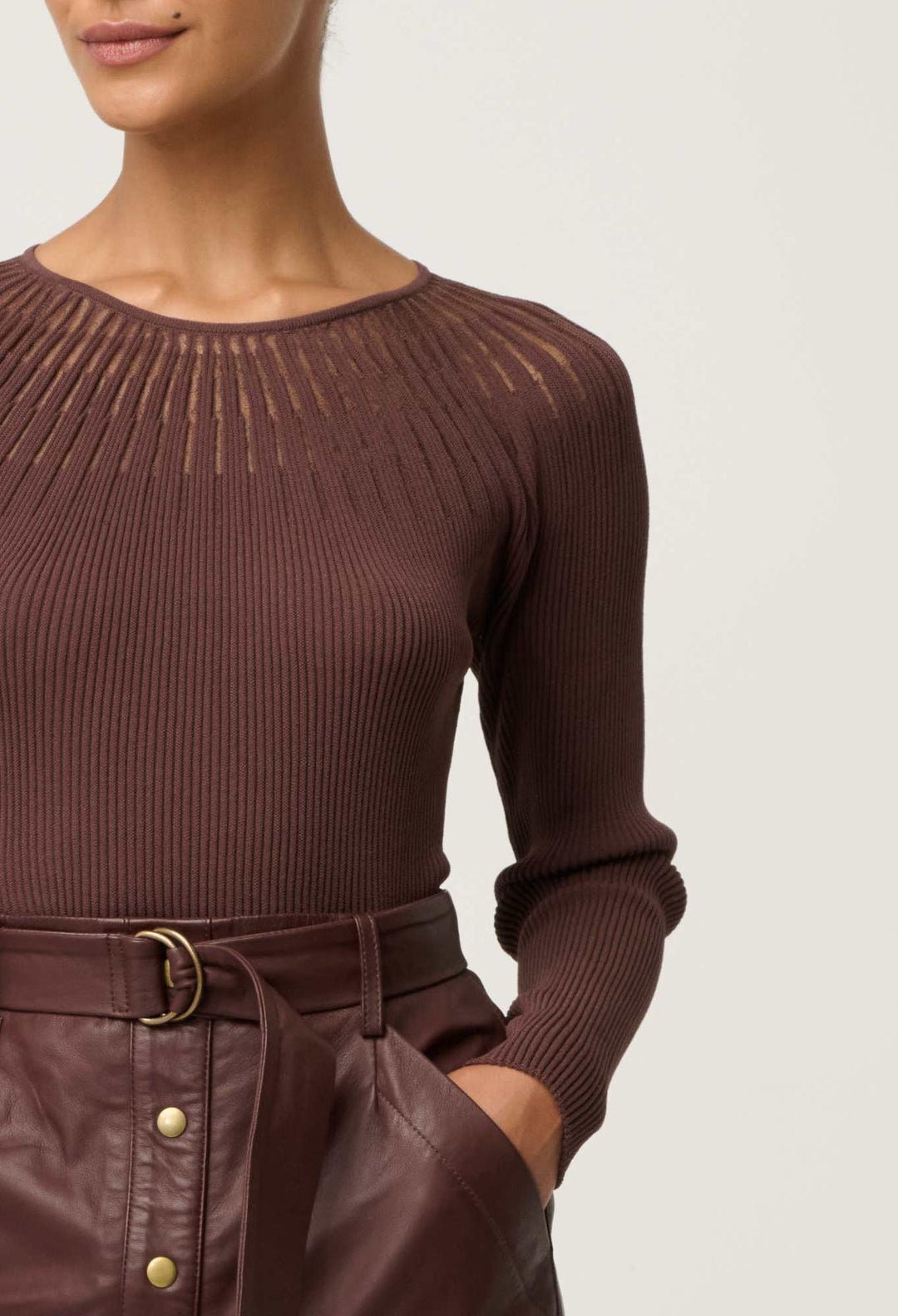 OnceWas Rhiannon Viscose Nylon Sheer Neckline Knit Top in Mocha