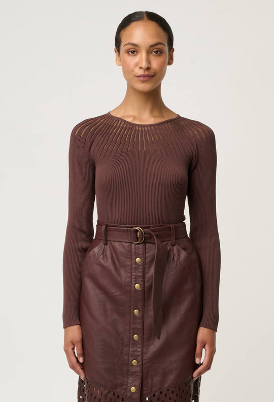 OnceWas Rhiannon Viscose Nylon Sheer Neckline Knit Top in Mocha